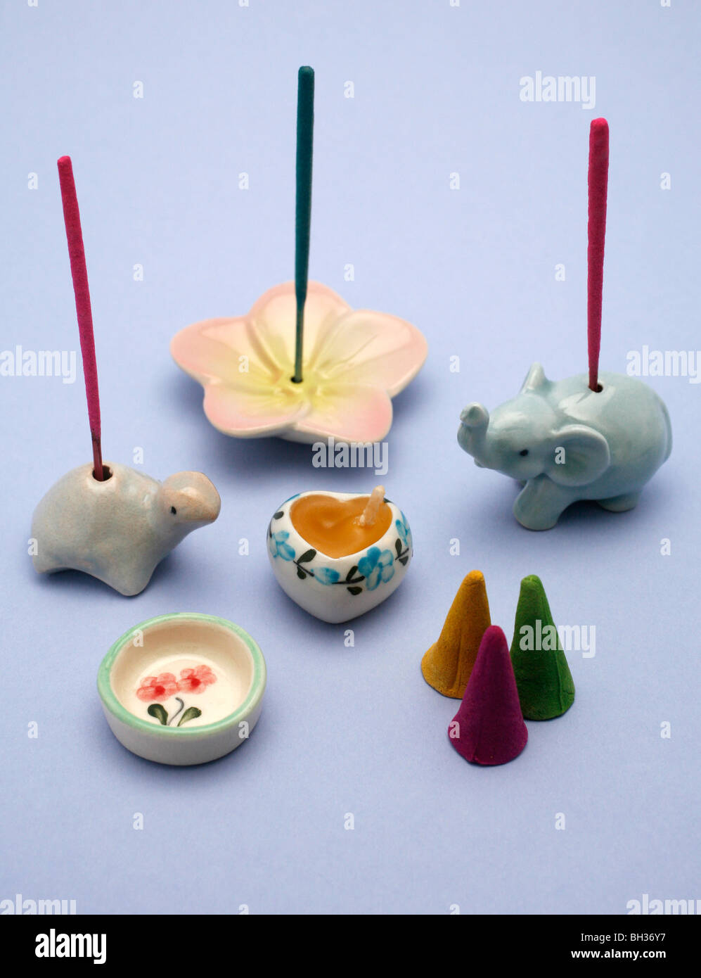 Still life of incense sticks, cones and ceramic holders Stock Photo Alamy