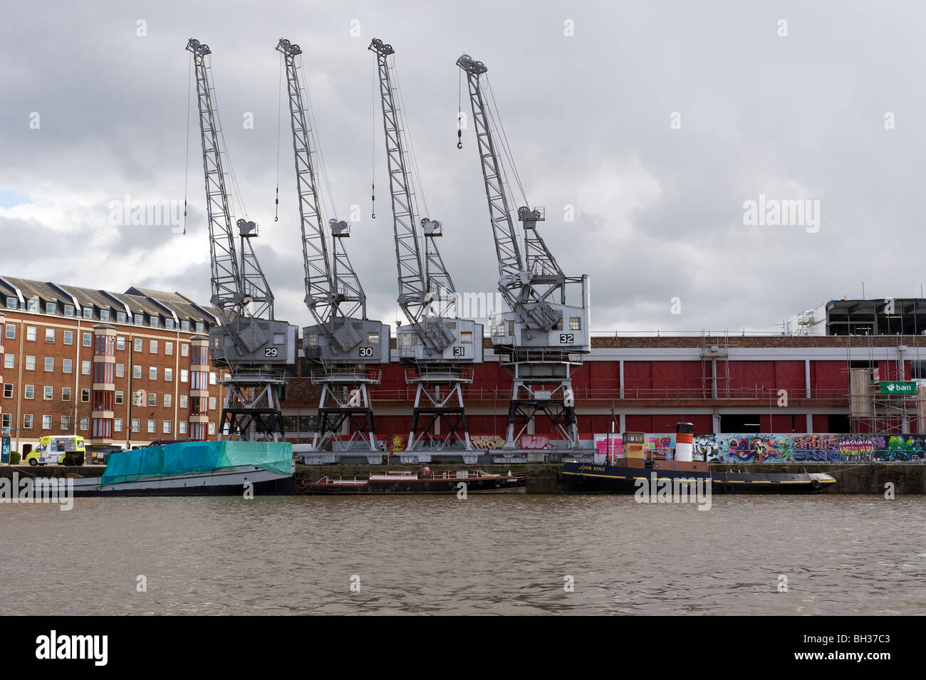 Cranes and M Shed at Bristol Historic Docks, Bristol, England, UK Stock Photo