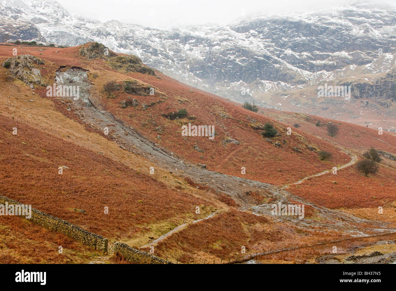 A landslide in the Copper Mines Valley due to super saturated ground during the november 2009 floods, Coniston, Cumbria Stock Photo