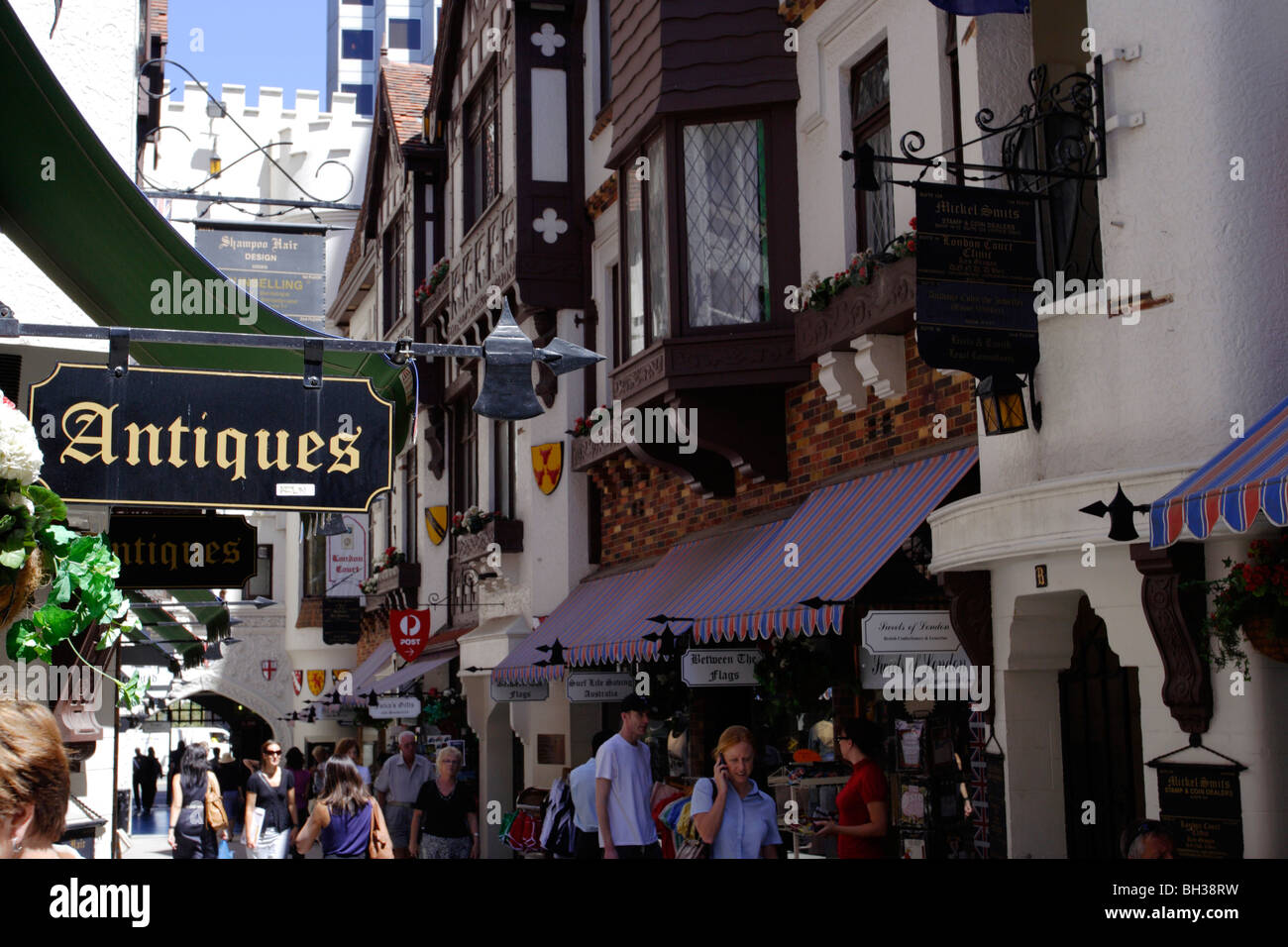 Antique shop at London Court in Perth, Western Australia. Focus on signboard. Stock Photo
