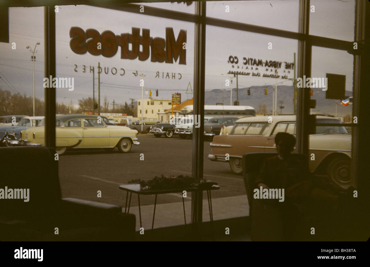 Vibramatic store in Albuquerque, N.M. photographed in September 1956. 1950s cars parking lot southwest historic business Stock Photo