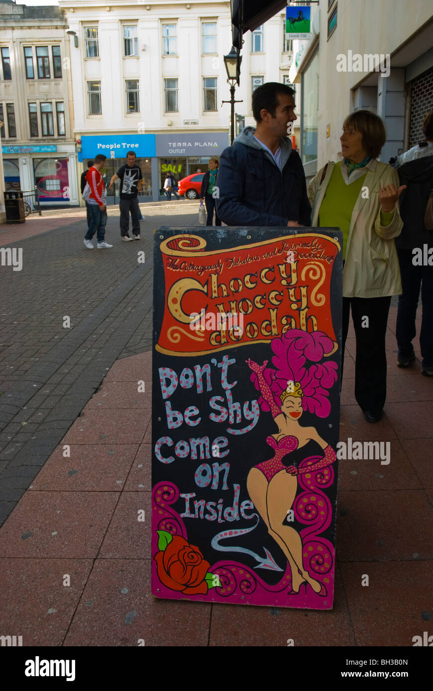 Sign of a chocolate shop Duke Street the Lanes central Brighton England UK Europe Stock Photo