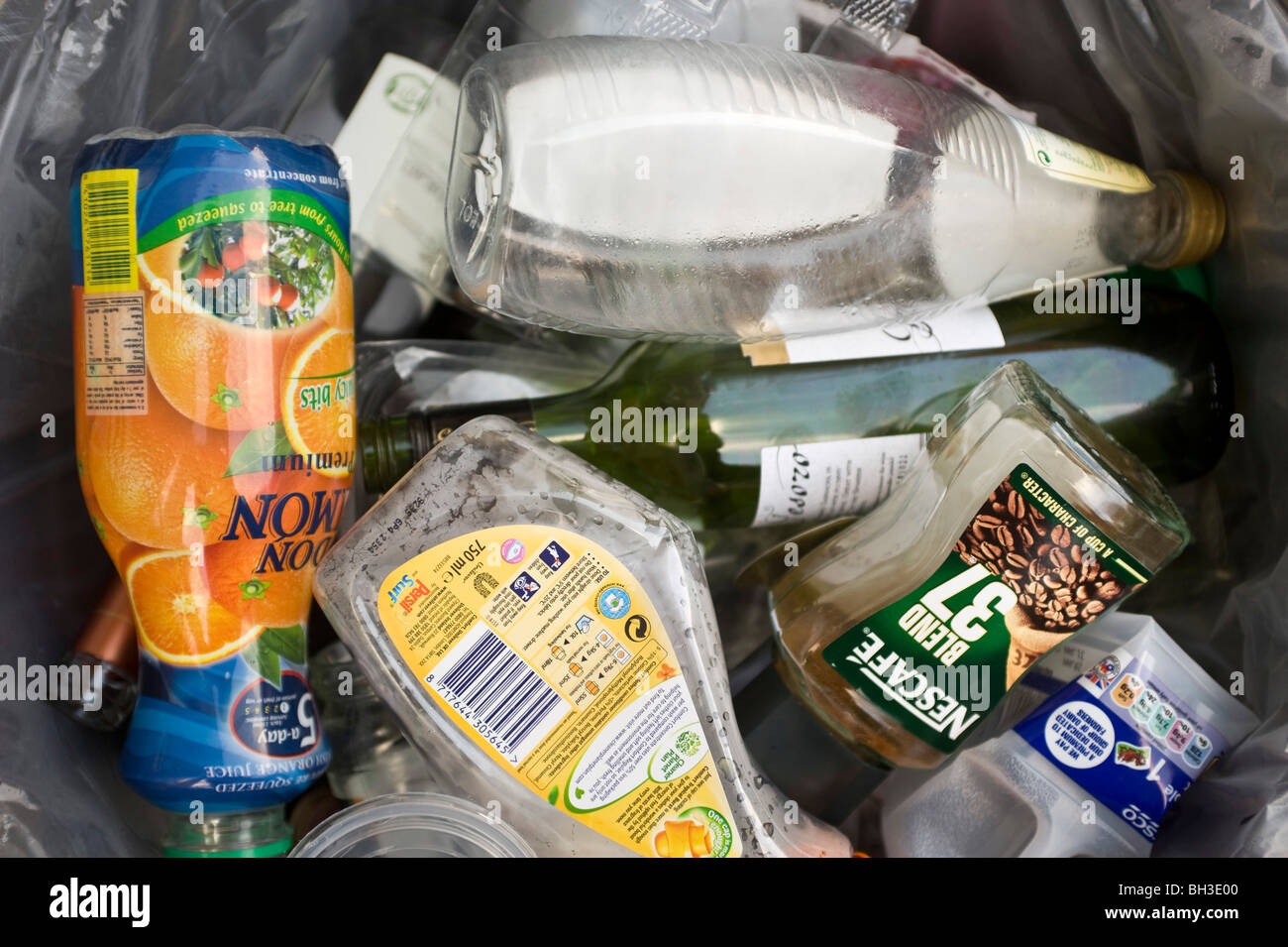 Contents of a Plastics and Glass Recycling Bin Stock Photo Alamy