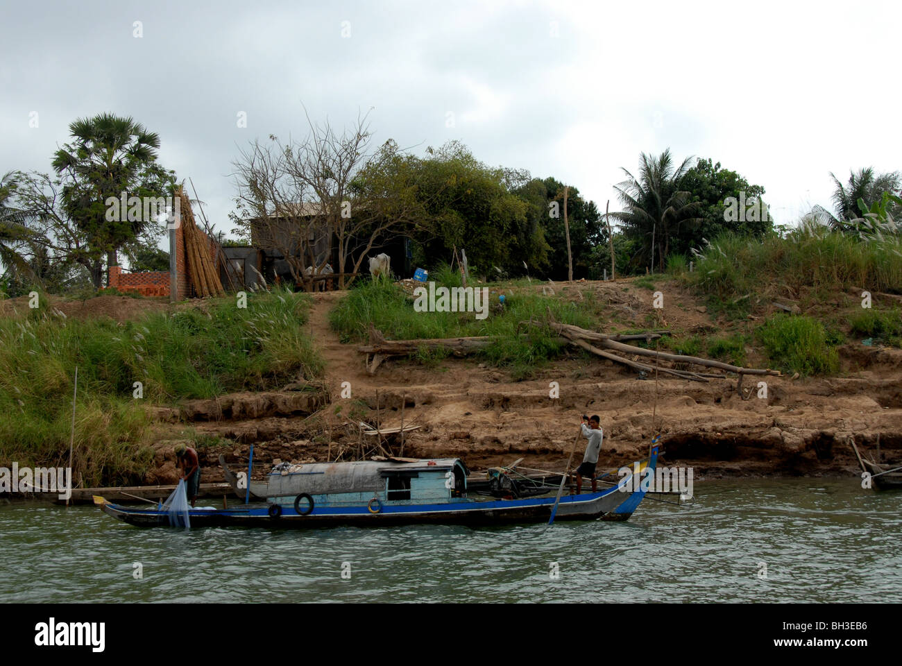 kmer camhouse boat in Mekong river, Phnom Penh, cambodia. Stock Photo