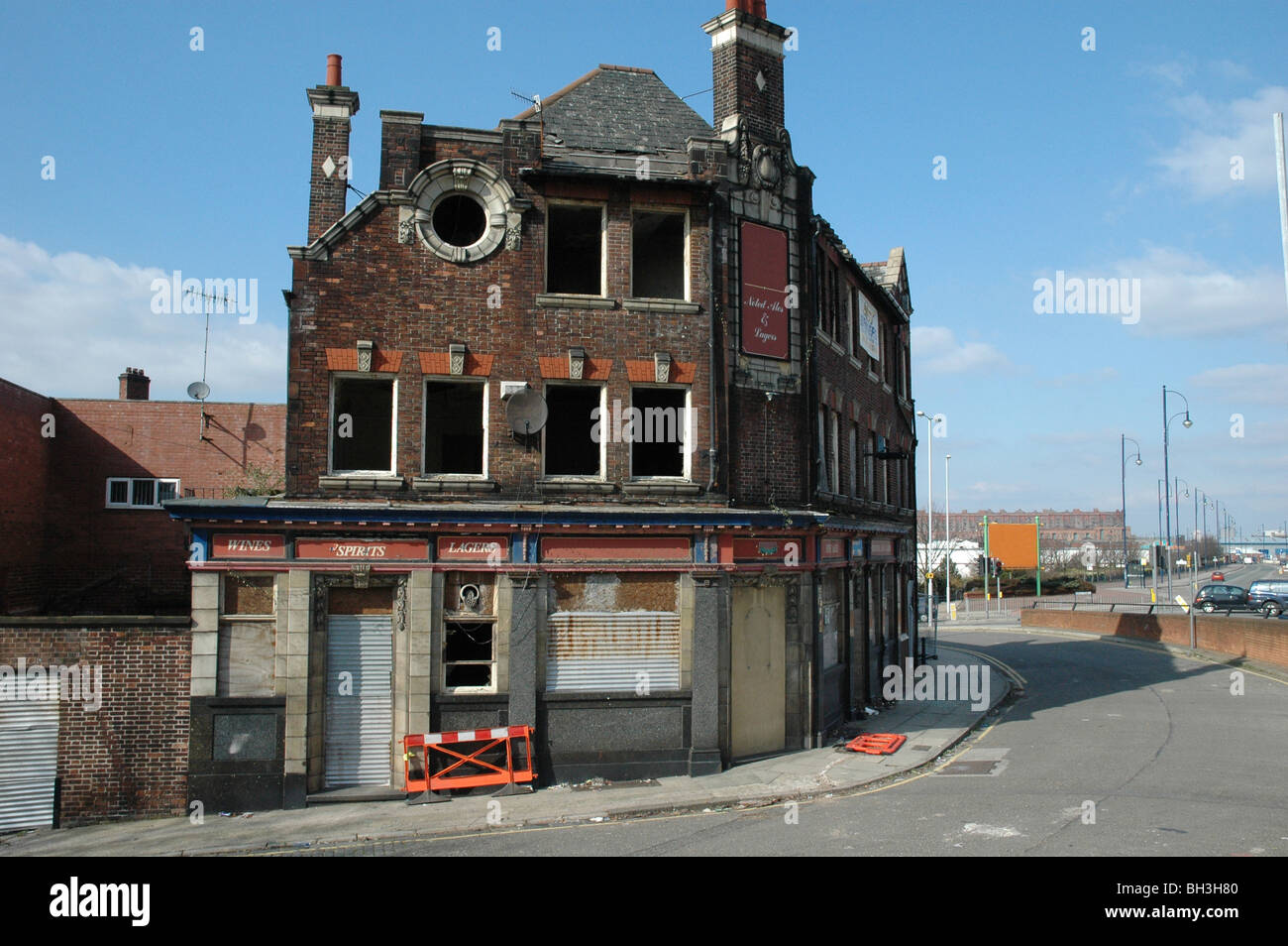 A former pub in Liverpool which has been burnt and seriously damaged in an arson fire. Stock Photo
