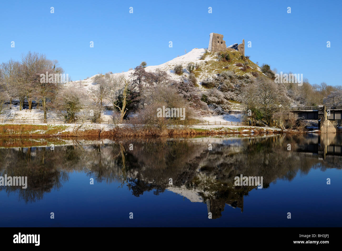 Dryslwyn Castle reflected in the Tywi River  winter afternoon Carmarthenshire Wales Cymru UK GB Stock Photo