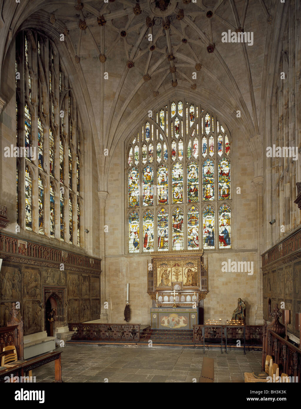 Winchester Cathedral, Hampshire. The Lady Chapel at east end of the cathedral, with east window by C.E. Kempe, Stock Photo