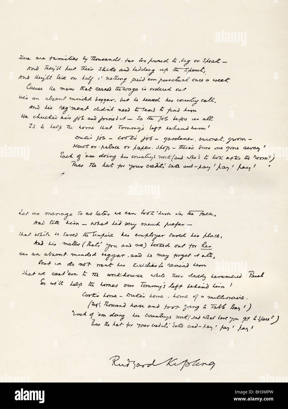 Sample of Rudyard Kipling's handwriting. The Absent Minded Beggar, stanzas three and four. Stock Photo