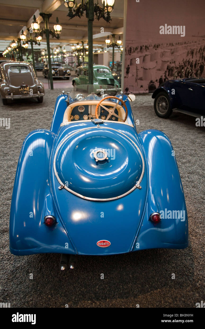 Blue bugatti vintage sports car at Schlumpfs motor Museum, Citee