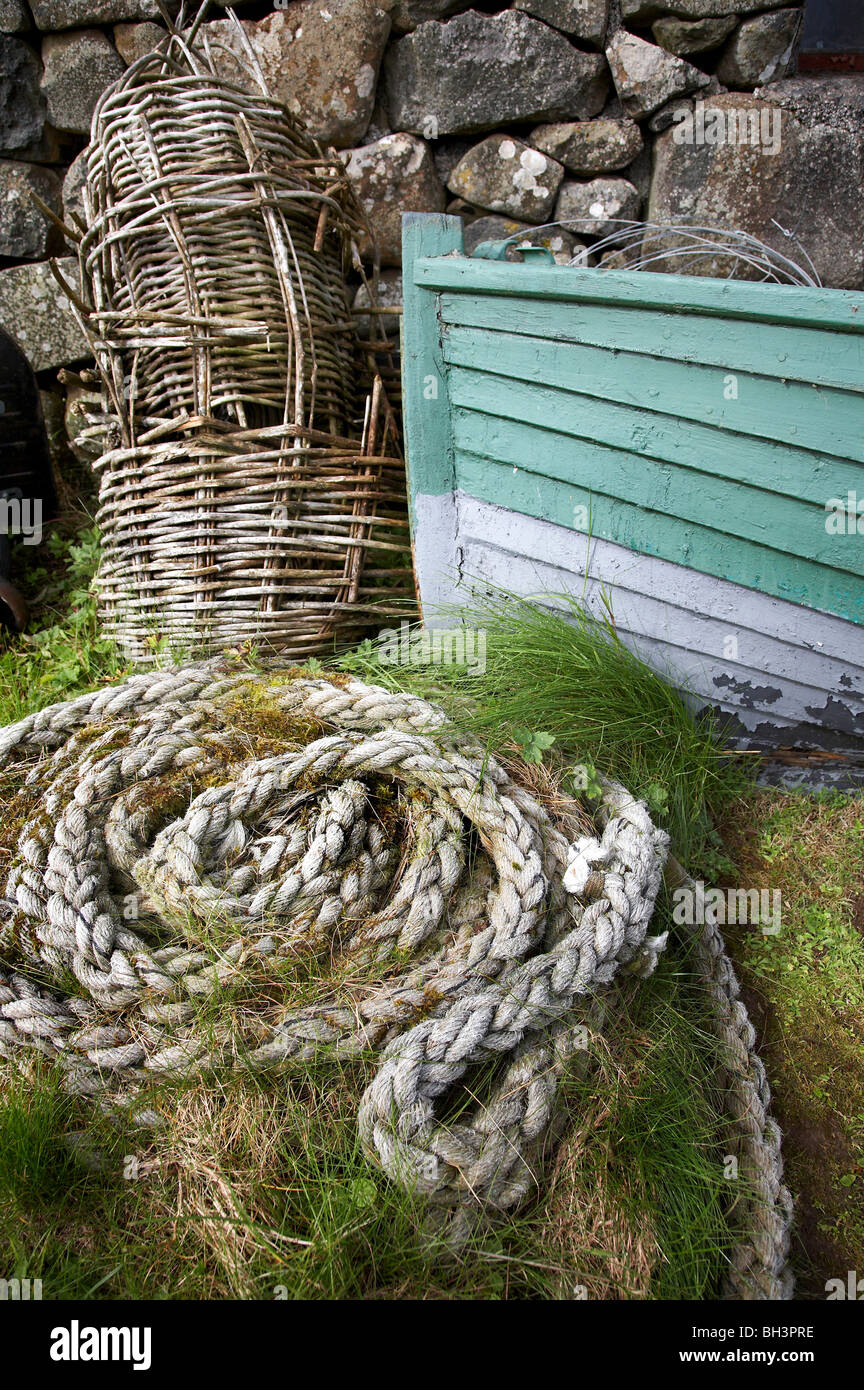 Croft, baskets and fishing boat at Kilmuir Stock Photo Alamy