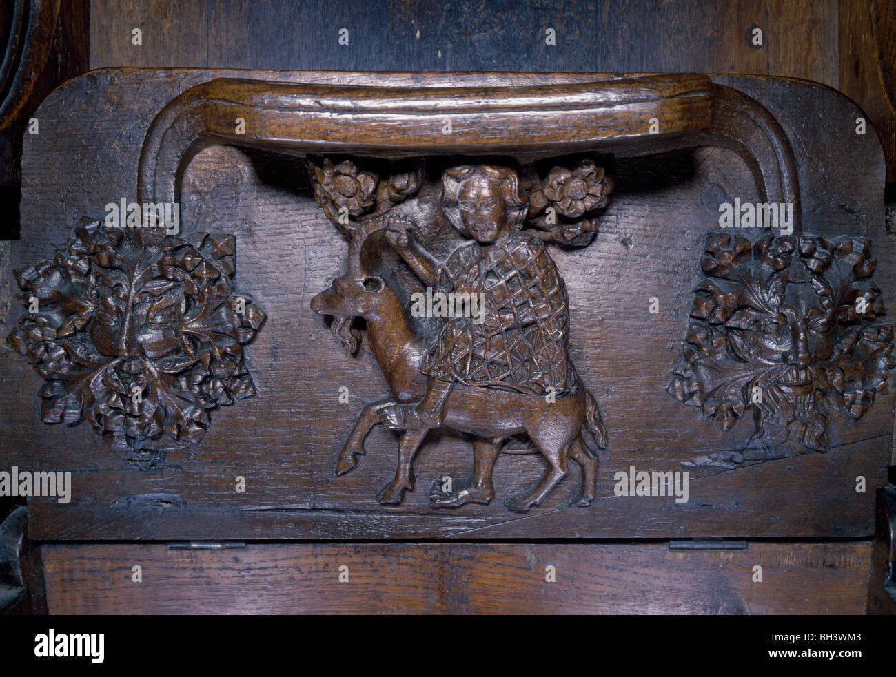 Worcester Misericord misericord in the choir : The Riddle Stock Photo