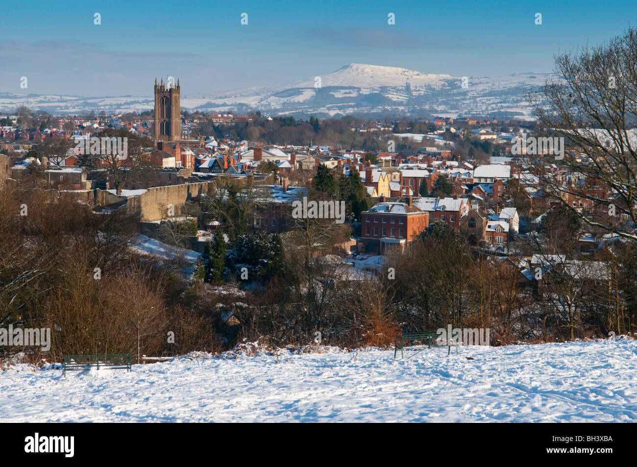 View of Ludlow, Shropshire, in winter snow from Whitcliffe with Stock
