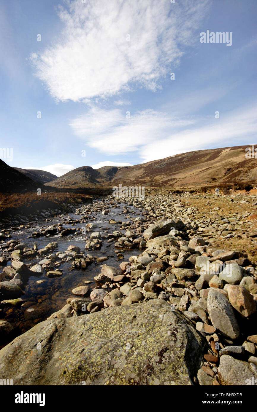 Water of Saughs and hills at Glen Lethnot in Angus Glens. Stock Photo