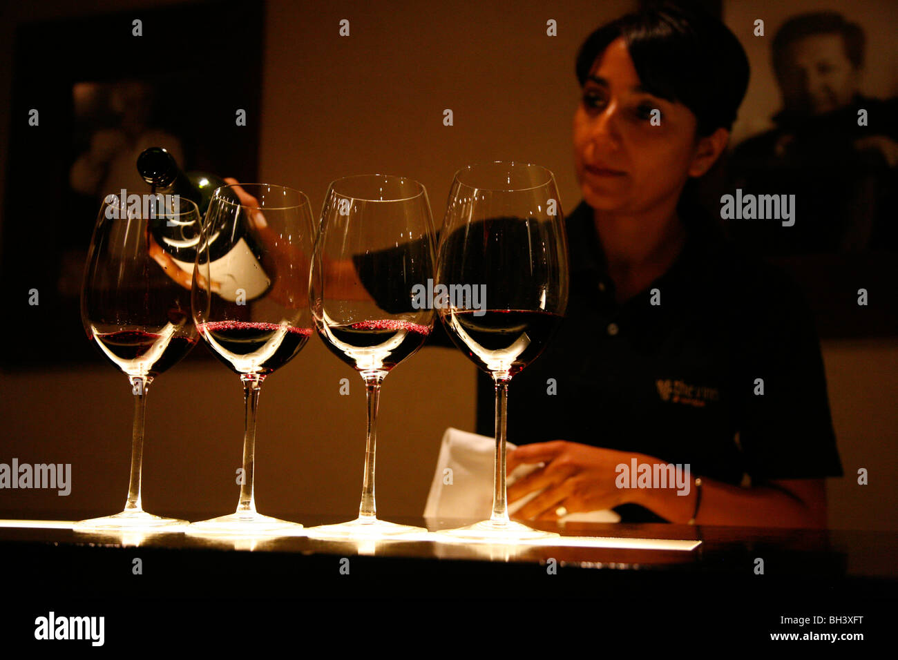 Woman pouring wine at the tasting room of Vines of Mendoza wine bar, Mendoza, Argentina. Stock Photo