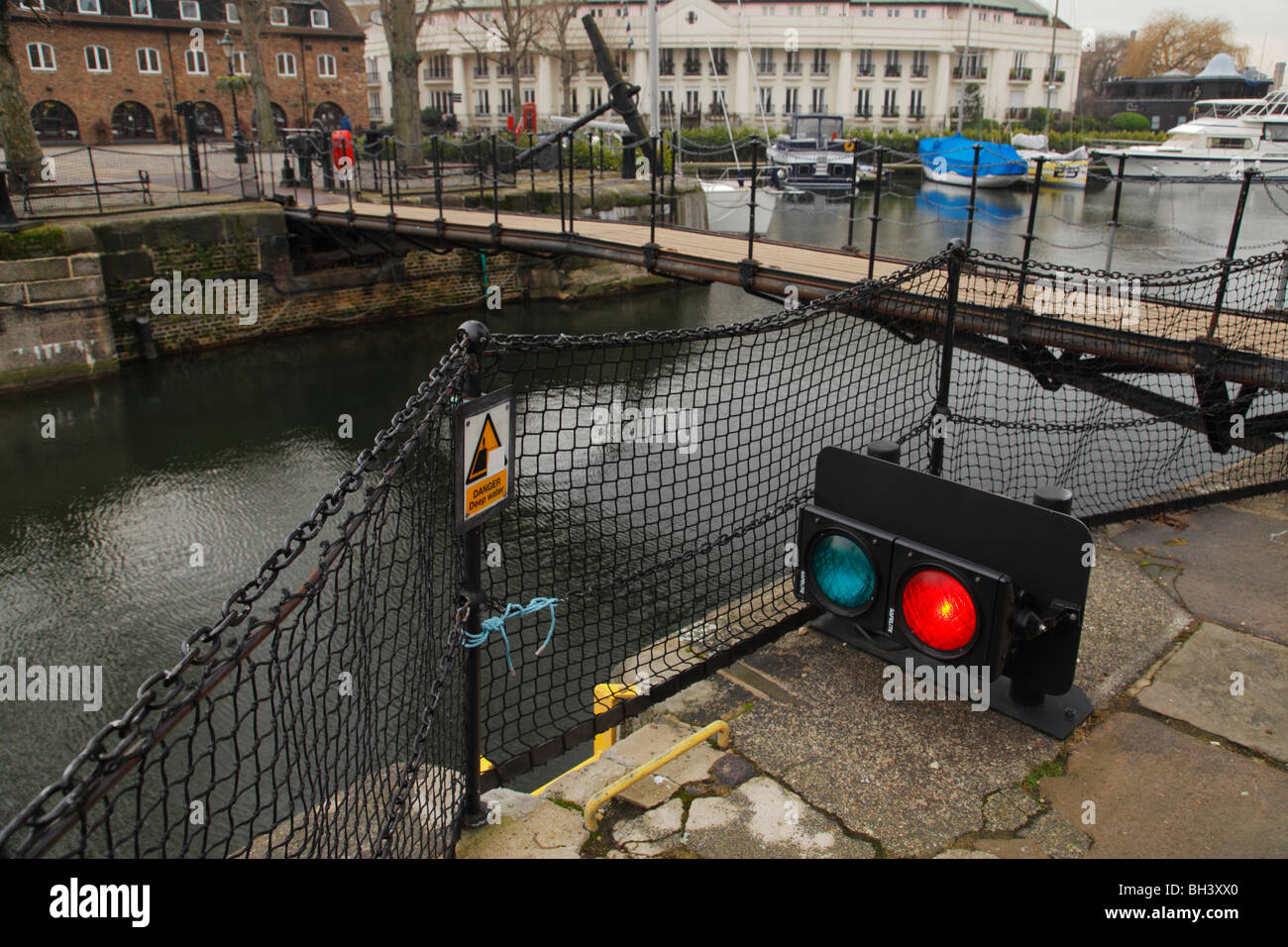 Nautical traffic lights at St katherines Dock. Stock Photo