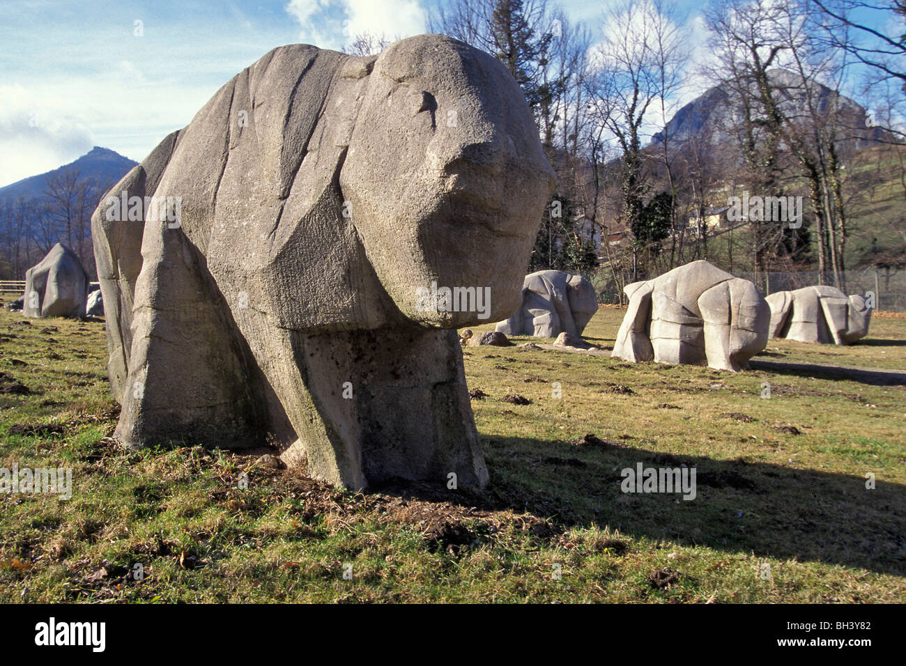 HERD OF BISON IN STONE, PYRENEES PARK OF PREHISTORIC ART, ARIEGE (09), FRANCE Stock Photo
