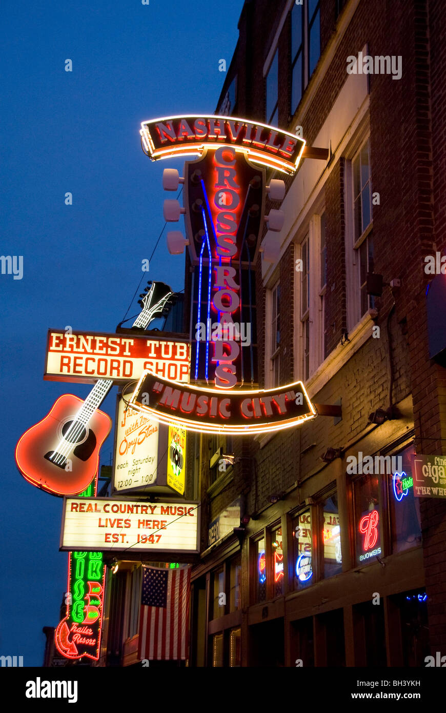 Neon signs line Second Avenue tourist area in Nashville, Tennessee