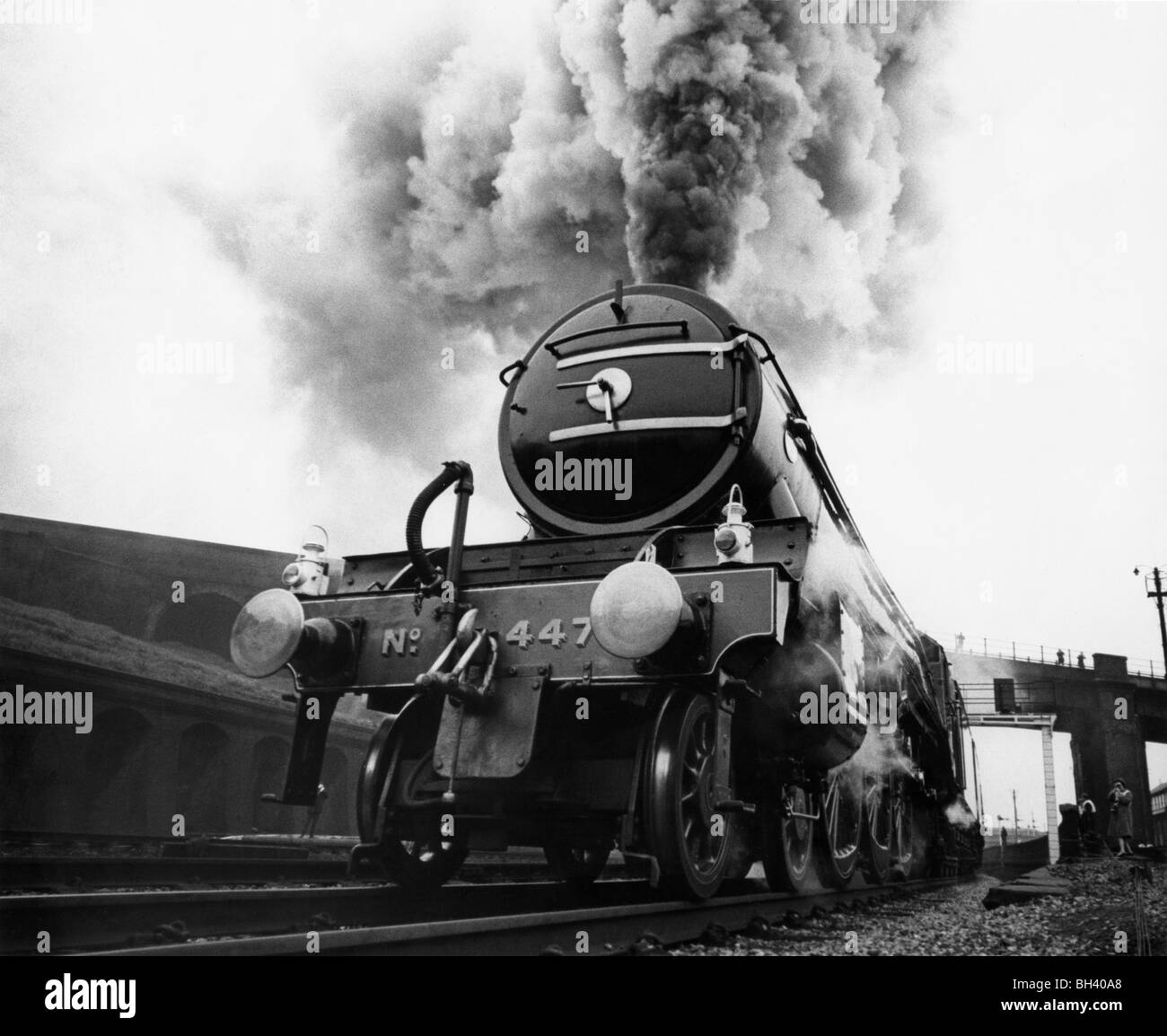 The Flying Scotsman, built 1923, steamed up and leaving Kings Cross London for Scotland on 1 MAY 1968 with the 40th anniversary non stop run of the 'Flying Scotsman' train to Edinburgh Waverley. (Flying Scotsman 1968 BW A) Stock Photo