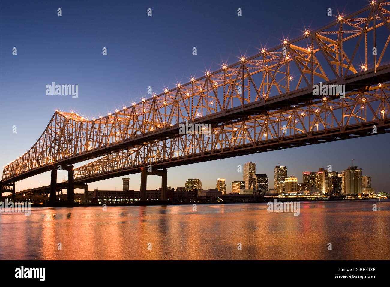 Skyline dusk, city of New Orleans, Louisiana, on the Mississippi River. Stock Photo