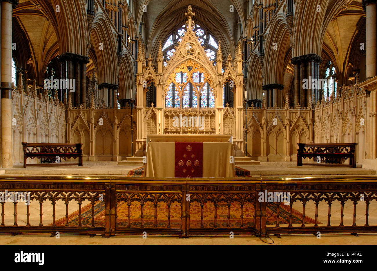 View of the Sanctuary looking towards the High Altar, Lincoln Cathedral, Lincoln, Lincolnshire, England, UK. Stock Photo