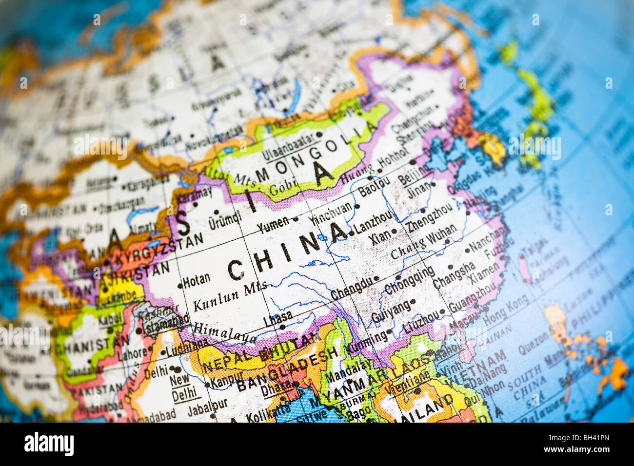 Globe view of China and Southeast Asia. Stock Photo