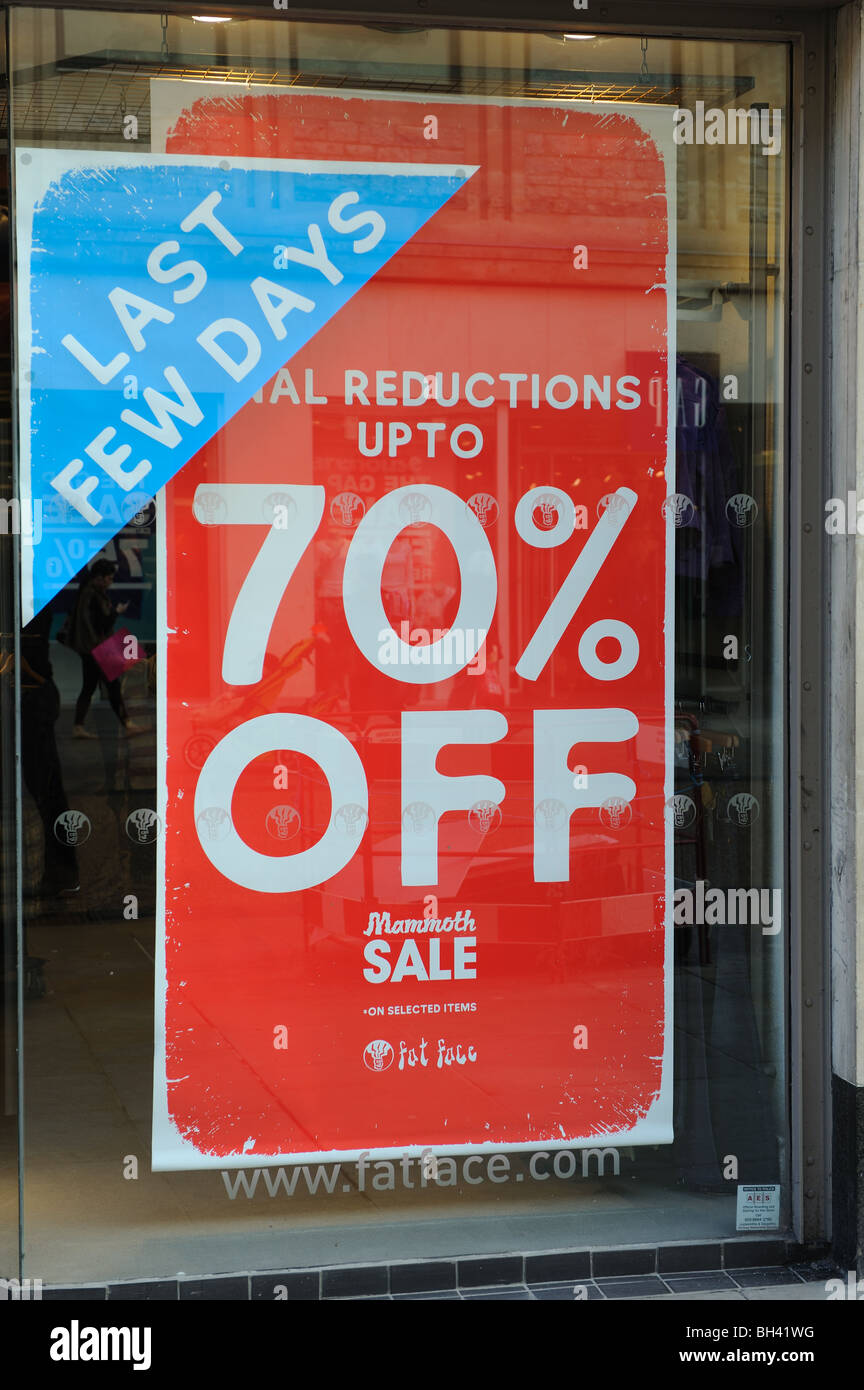 A sale poster 70% off shop window clearance cut-price recession Christmas New Year bargain money reduced Stock Photo