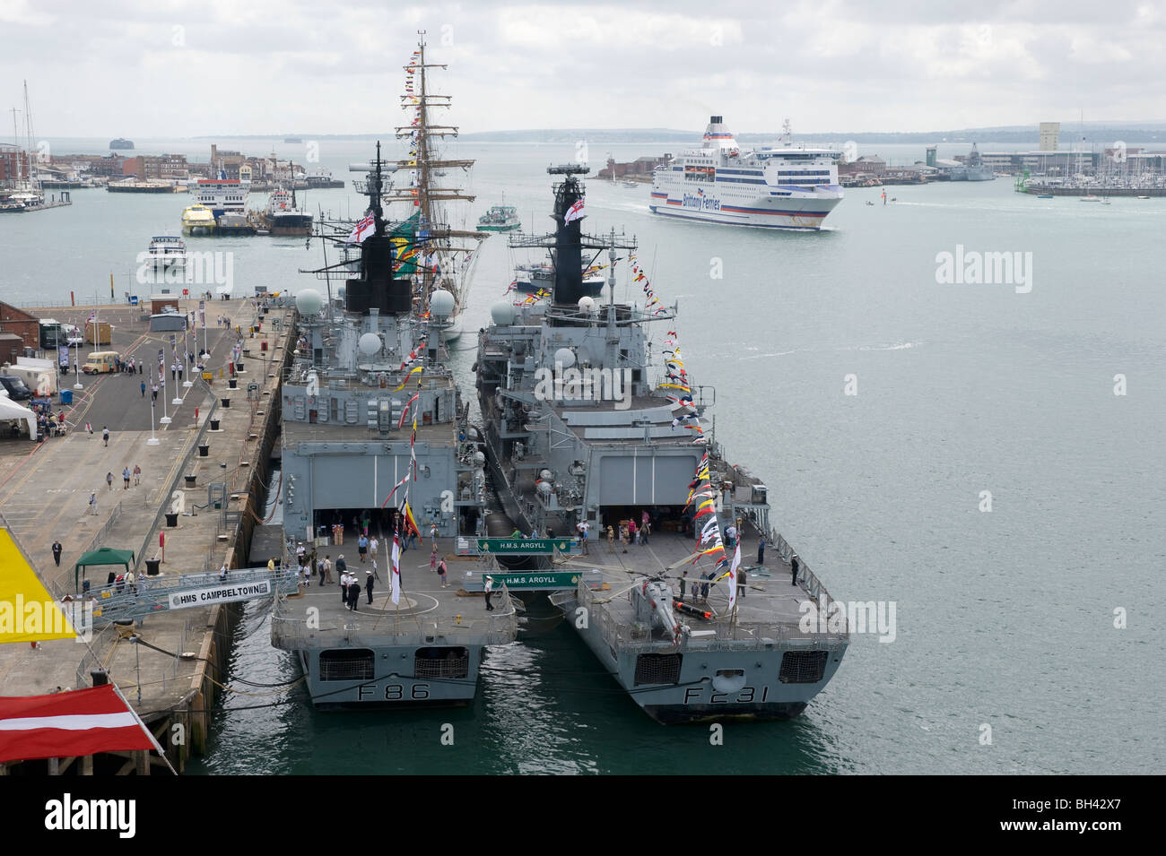 2 Royal Navy frigates moored in Portsmouth Dockyard during open day, Portsmouth harbour, Portsmouth, Hampshire, UK. Stock Photo
