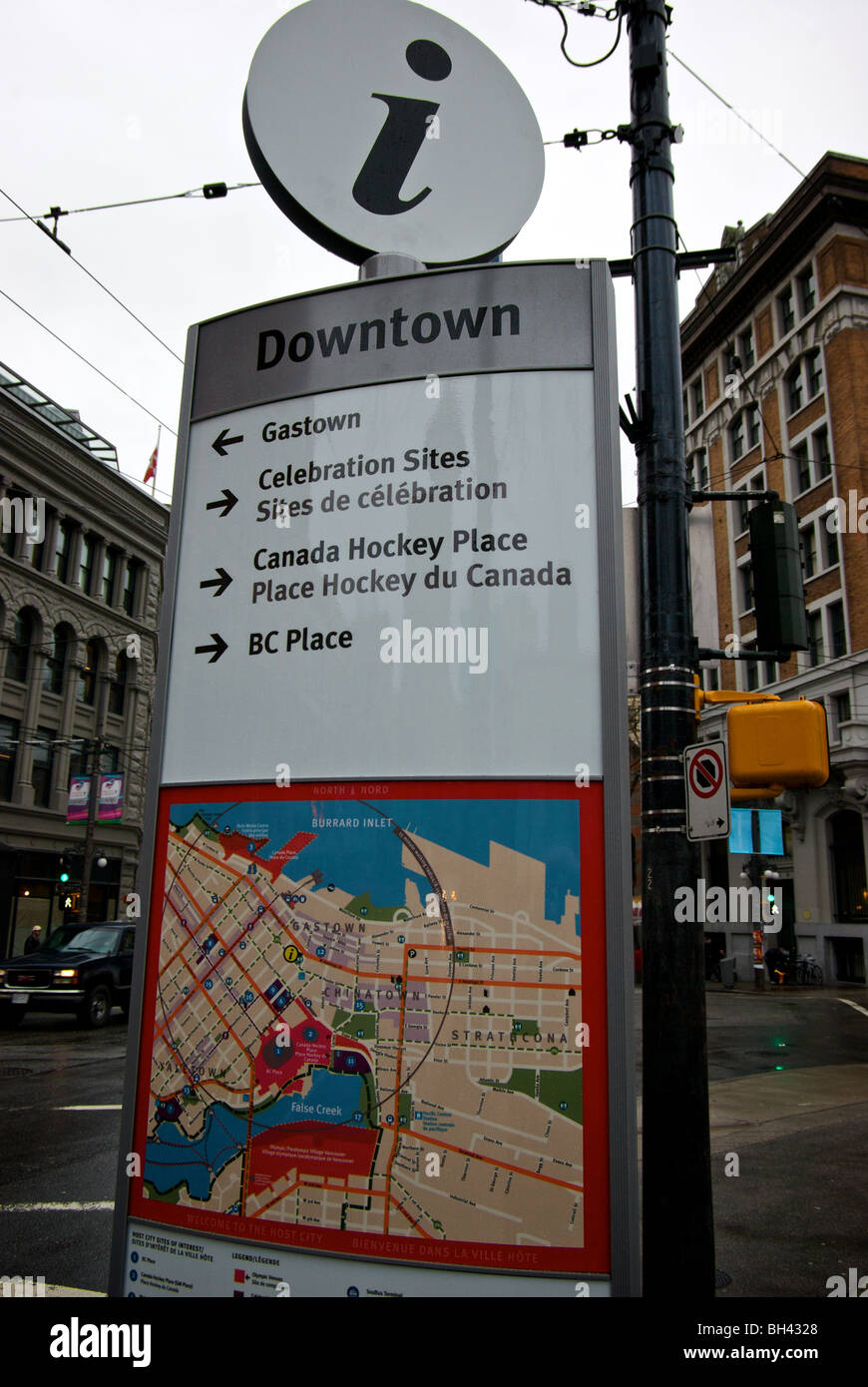 Bilingual information kiosk with direction map to 2010 Winter Olympics venues downtown Vancouver corner Hastings Cambie streets Stock Photo