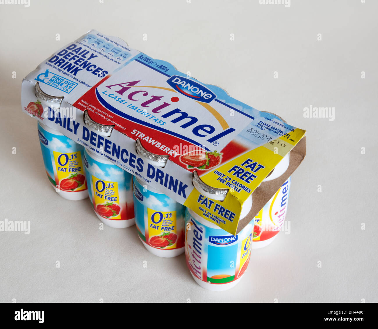 A pack of Danone's strawberry flavoured Actimel probiotic yogurt drink