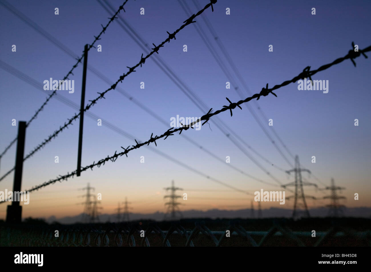 Graphic of barbed wire and pylons at dawn. Stock Photo