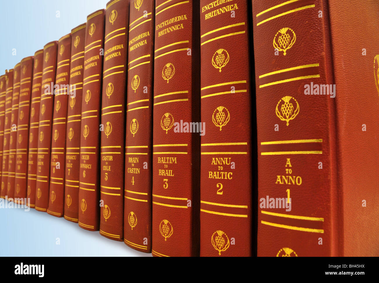 A row of books of the encyclopedia Britannica. Stock Photo