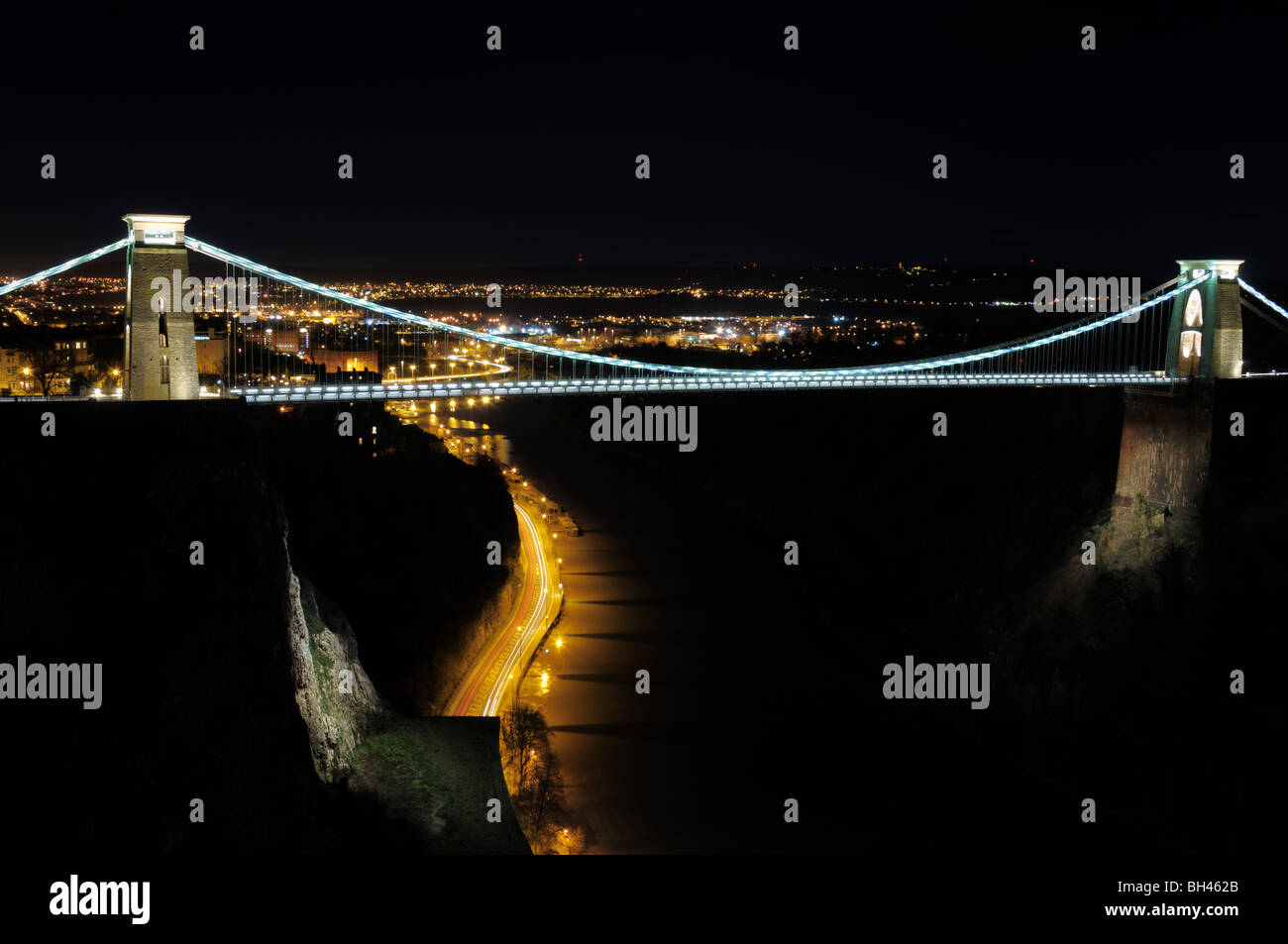 Bristol Clifton suspension bridge at night with a high tide on the