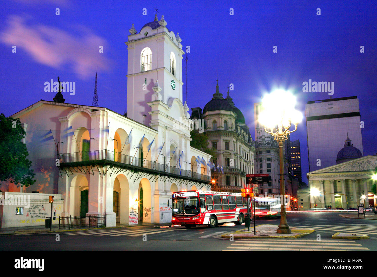 National Cabildo Facade at “Plaza de Mayo” (May Square) at dusk, Buenos Aires, Argentina Stock Photo