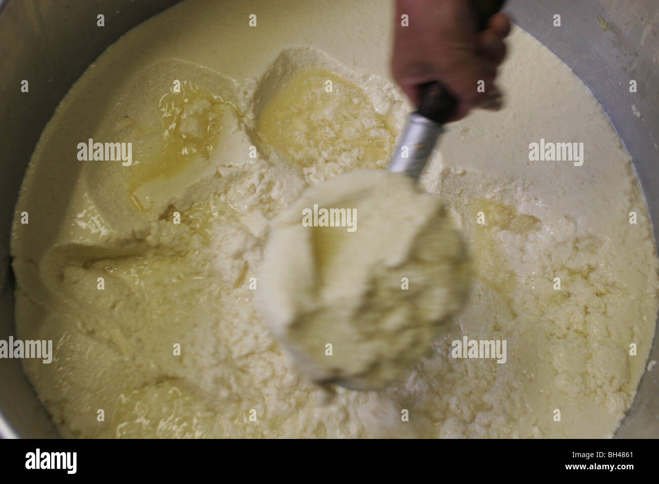 Making tofu in tofu shop, with GE free soya. Tokyo, Japan. Stock Photo