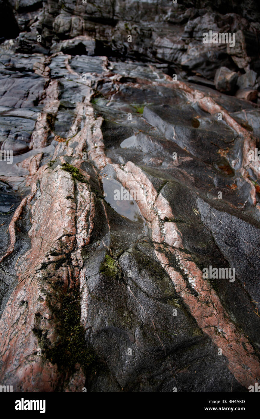 Pink quartz veins in rock at Randolphs leap gorge on the river Findhorn ...