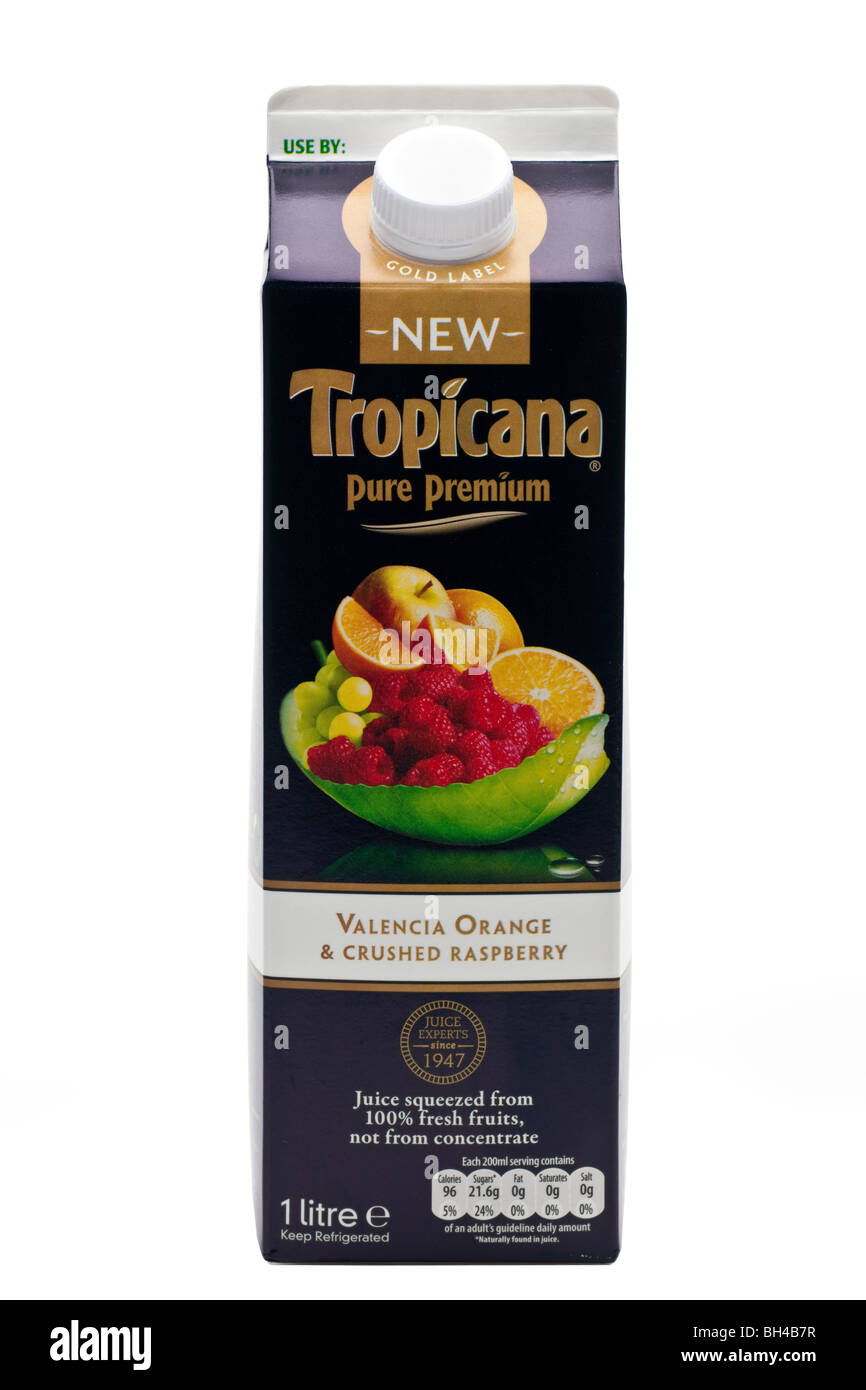 New carton of tropicana Valencia orange and crushed raspberry 100% fruit juice drink Stock Photo