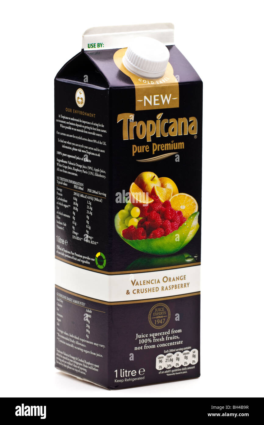 New carton of Tropicana Valencia orange and crushed raspberry 100% fruit juice drink Stock Photo