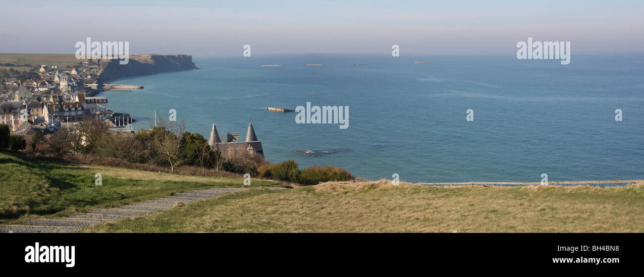 Panorama showing Arromanches and the remains of the artificial harbours created for the Normandy landings. Stock Photo