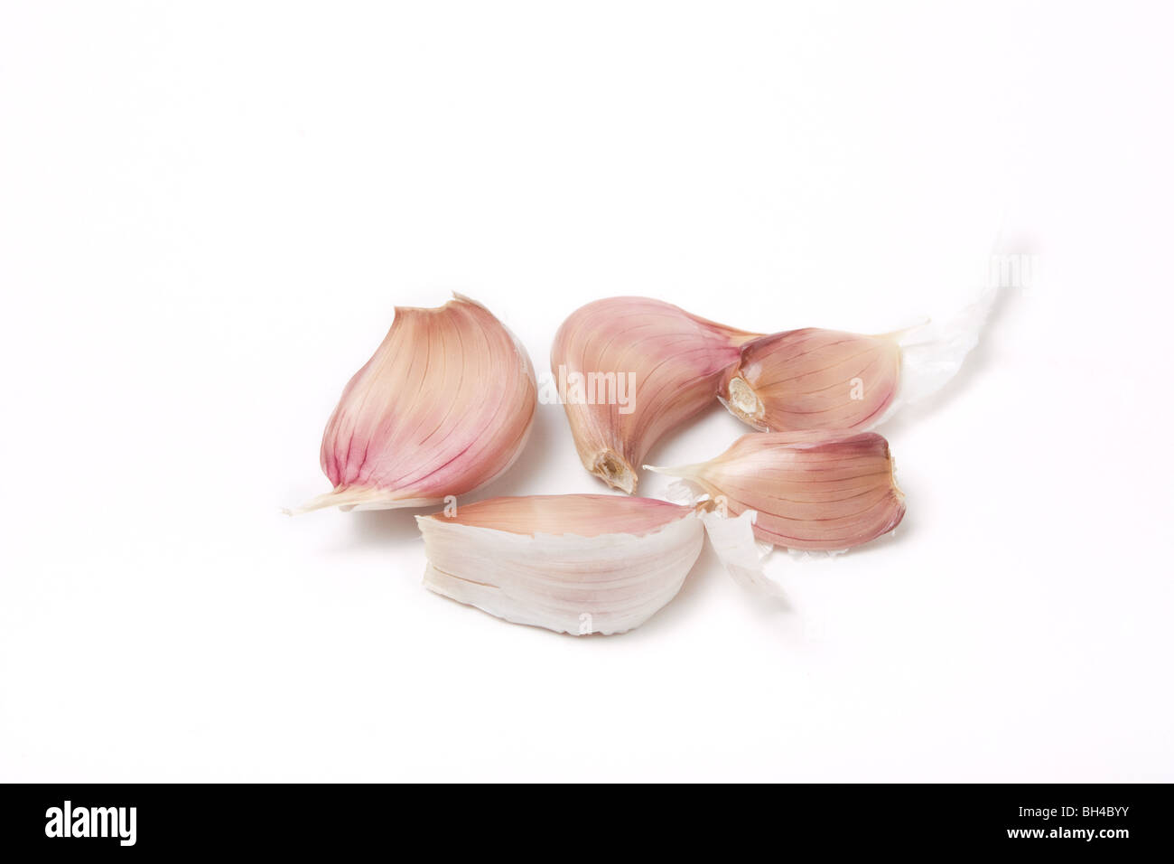 Small group of garlic cloves isolated against white background Stock