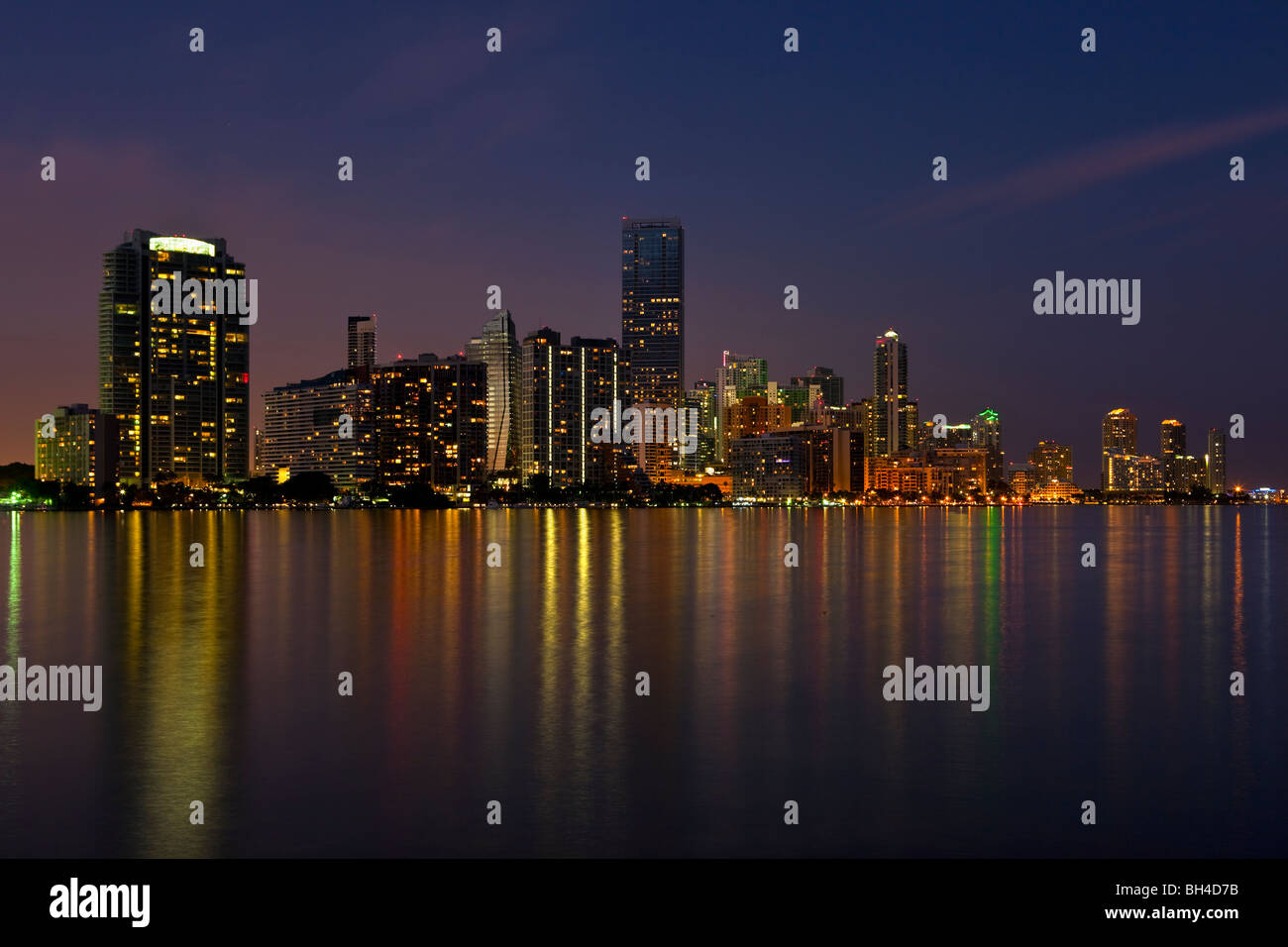 Miami Skyline Twilight & Biscayne Bay, Miami, Florida Stock Photo