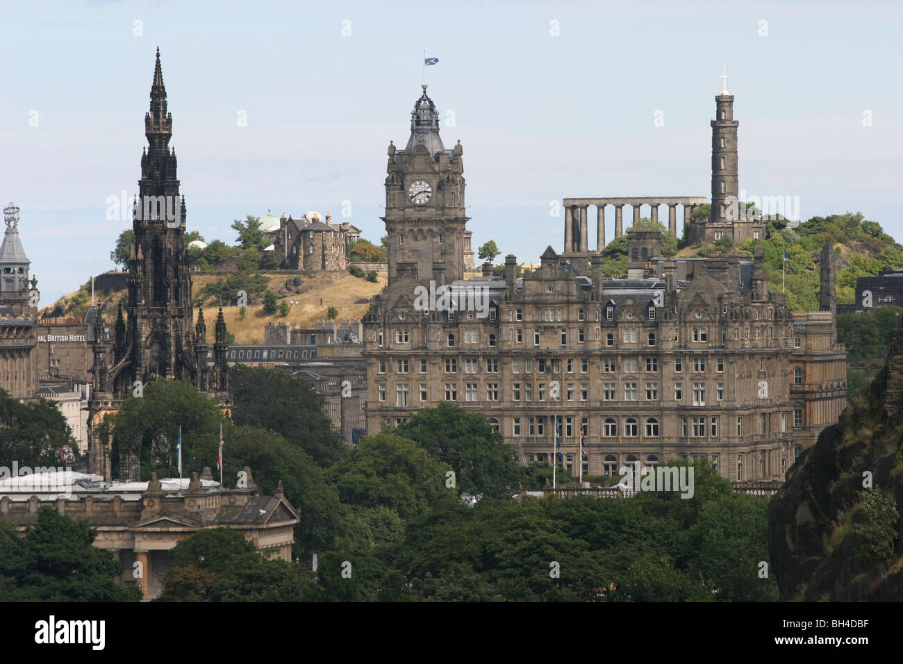 Edinburgh city skyline, with Walter Scott Monument, Balmoral Hotel, Calton Hill, Edinburgh Scotland. 2005 Stock Photo
