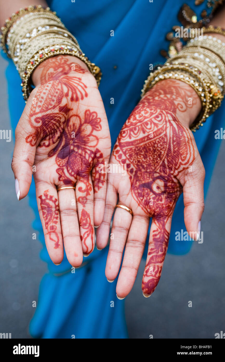 Indian henna hand painting called Mehndi in preparation for a wedding Stock Photo