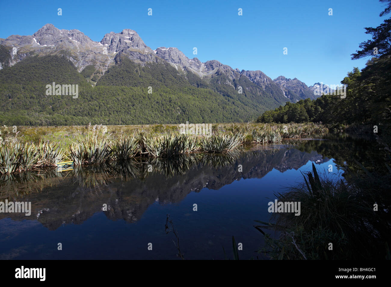 Reflections of Earl Mountains at Mirror Lakes in Fiordland National Park South Island. Stock Photo