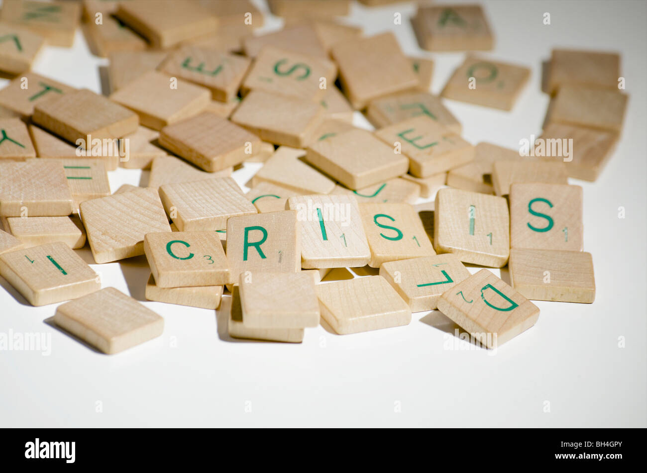 Scrabble tiles spelling out the word crisis, Otterburn Park, Quebec Stock Photo