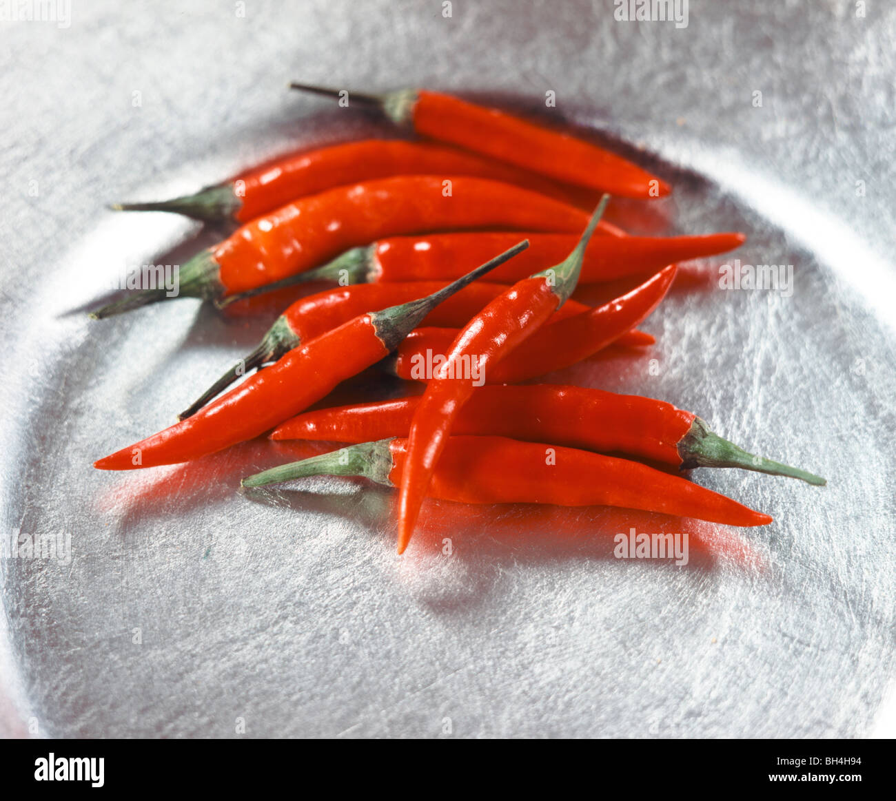 red chillies close up on silver plate indian thai ingredients spices spicy hot Stock Photo