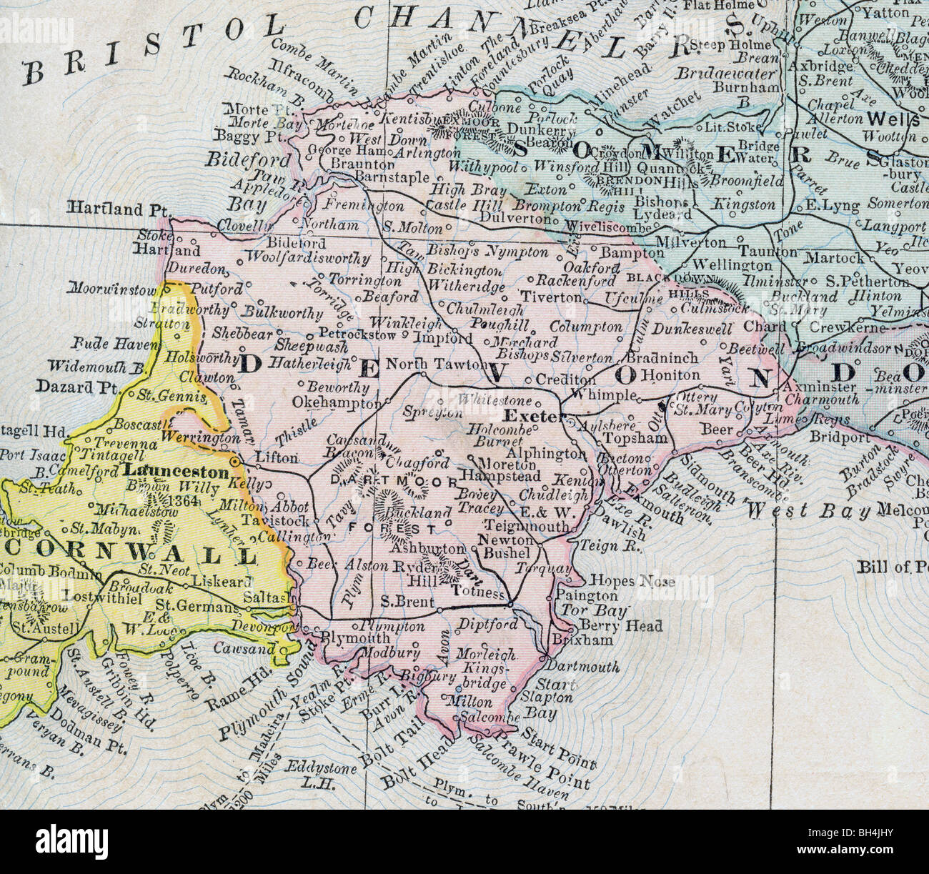 Old map of Devon County from original geography textbook, 1884 Stock 