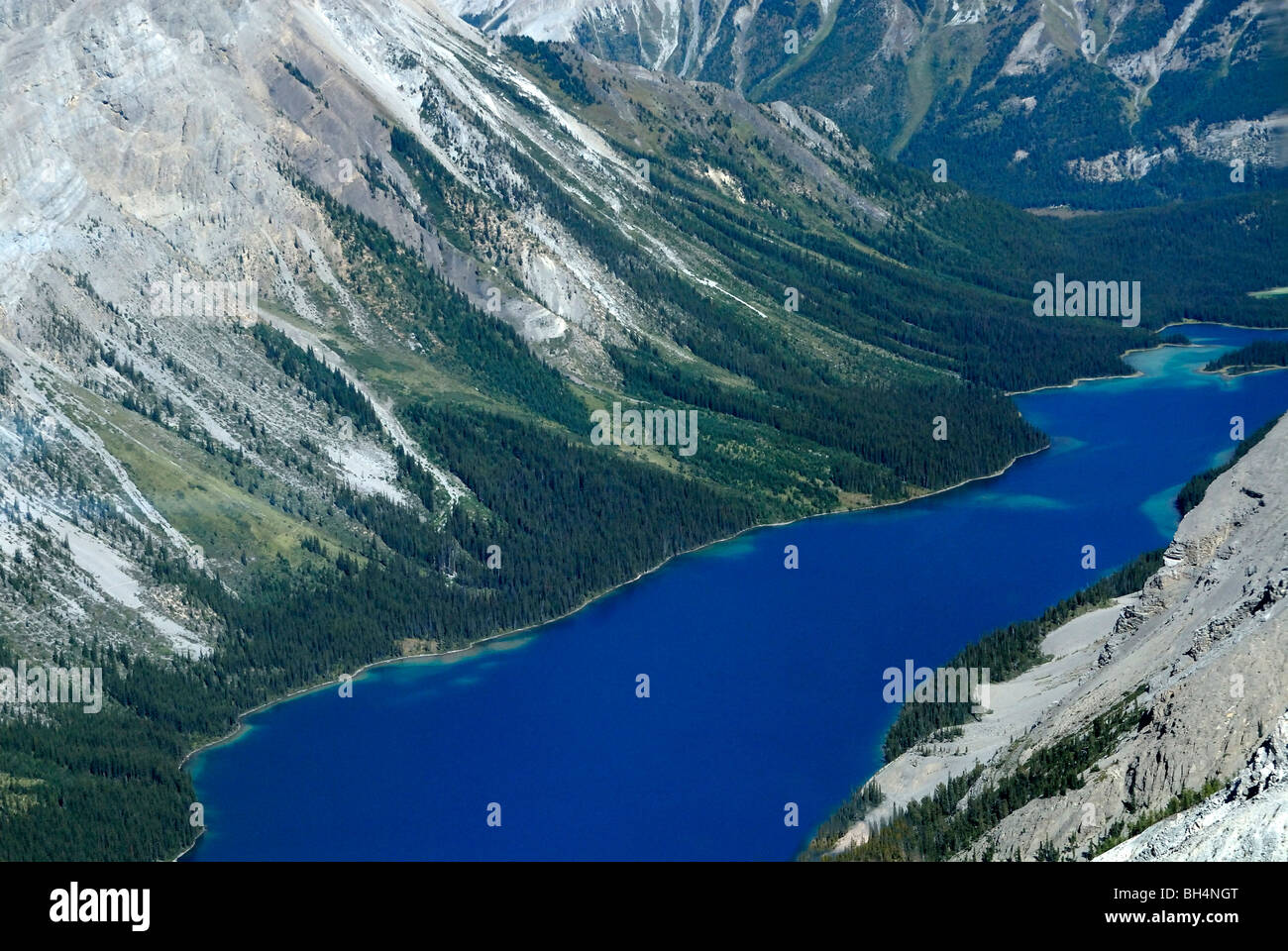Scenic aerial view of Spray Lake, Spray Valley Provincial Park in late summer. Stock Photo