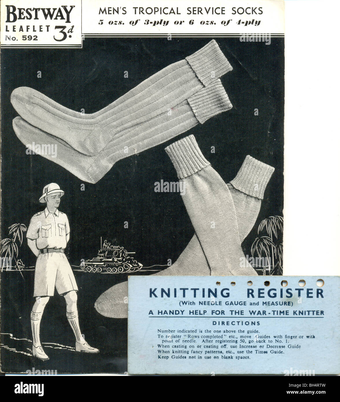 WW2 Knitting Register and  pattern for Men's Tropical Service Socks Stock Photo