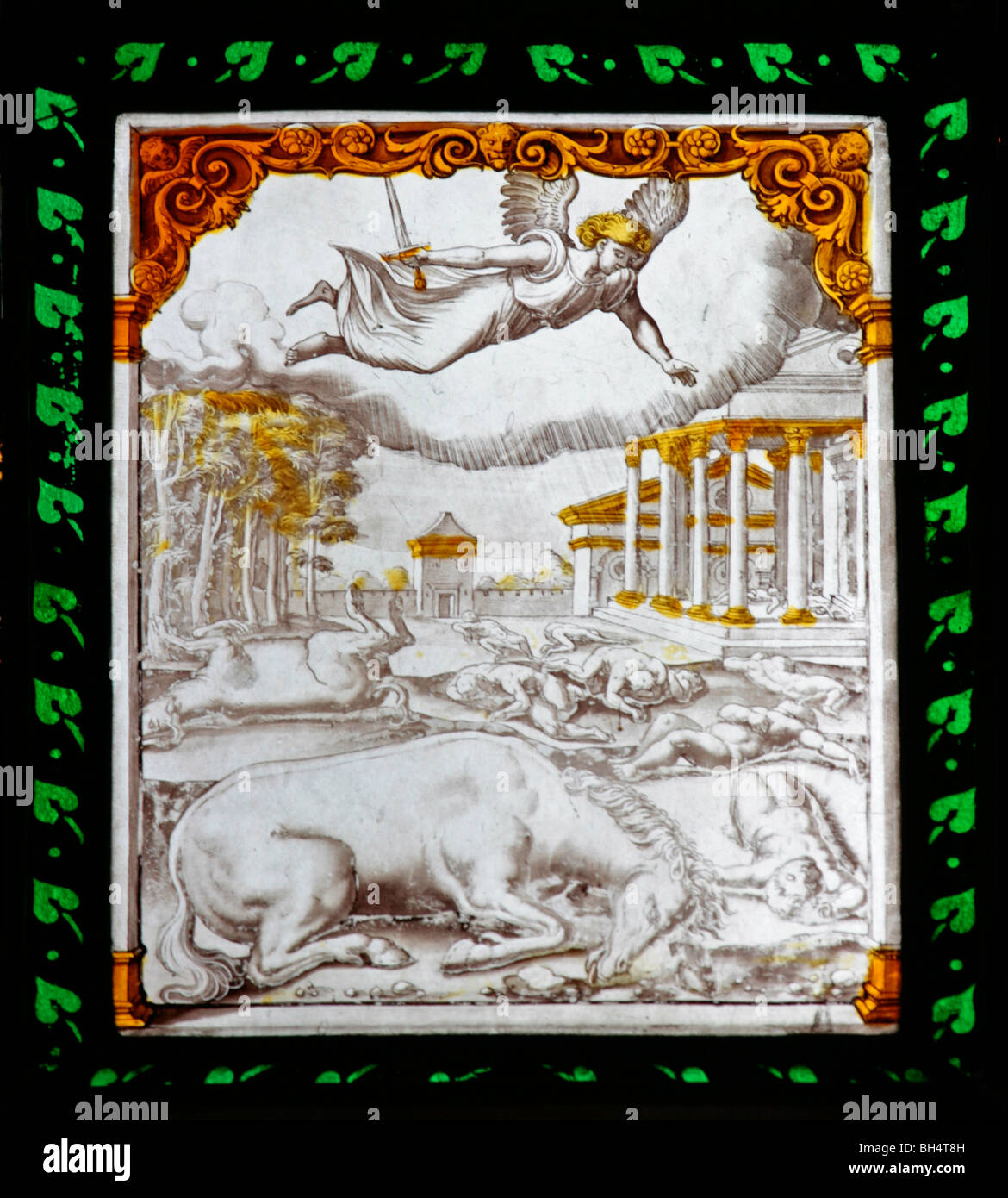 A 16th century Italian stained glass window depicting The Destruction of the First Born, All Saint's Church, Chadshunt Stock Photo