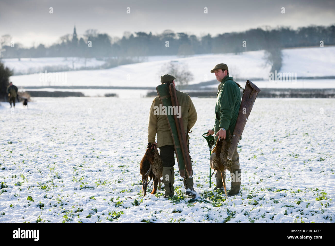Gunners with shot pheasant during shoot. Little Dalby Estate. Leicestershire. United Kingdom. Stock Photo